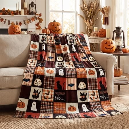 patchwork-halloween-throw-blanket-featuring-jack-o-lanterns-ghosts-black-cats-and-bats-draped-over-a-sofa