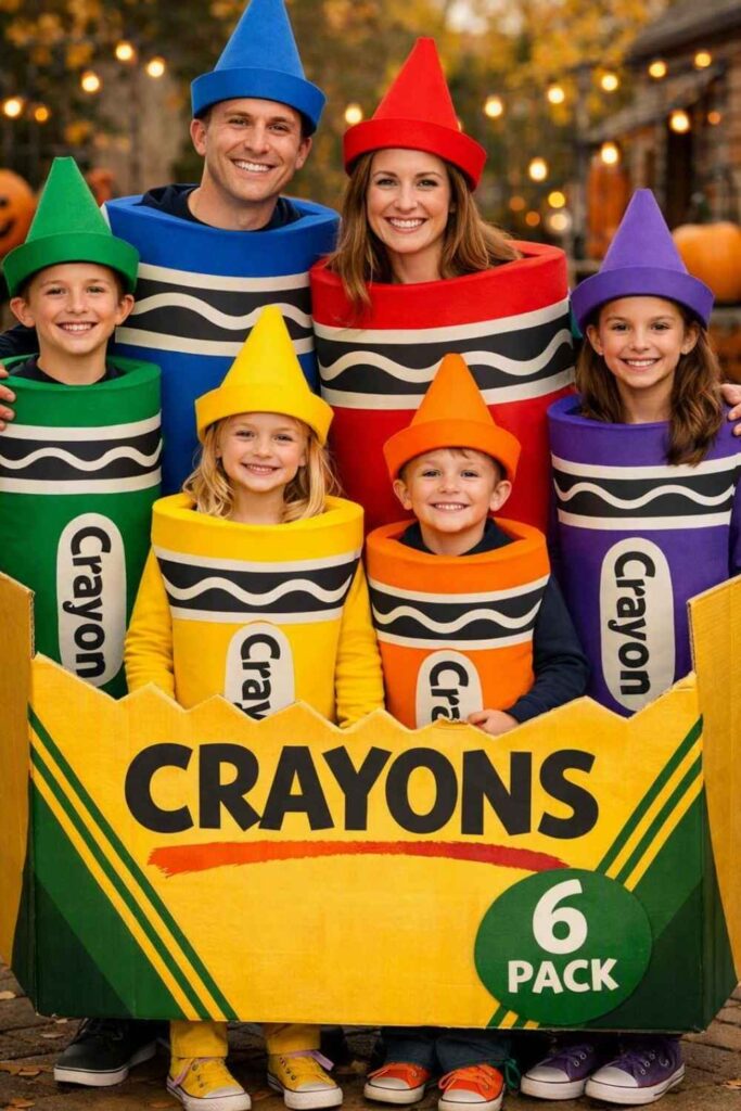 family-of-six-dressed-in-colorful-crayon-costumes-standing-inside-a-large-yellow-crayon-box-for-Halloween-Costume-Ideas-for-Family