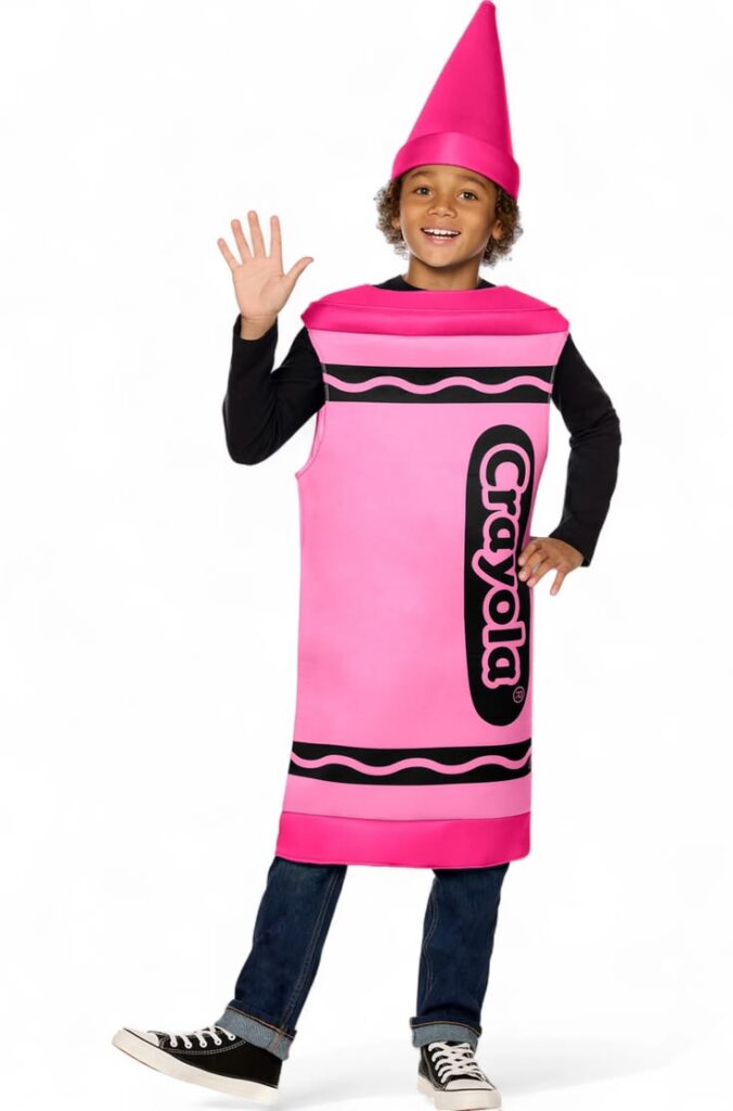 child-wearing-a-pink-crayola-crayon-tunic-costume-with-a-matching-pointed-cone-hat-for-halloween-costume-ideas-for-kids