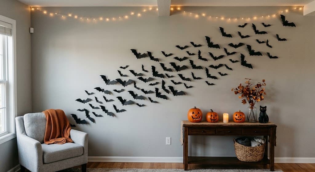 accent-wall-decorated-with-a-flock-of-black-paper-bats-flying-above-a-wooden-console-table-with-carved-jack-o-lanterns