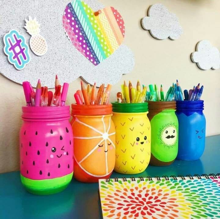 colorful-fruit-painted-jars-used-as-desk-pencil-holders-and-stationery-organizers