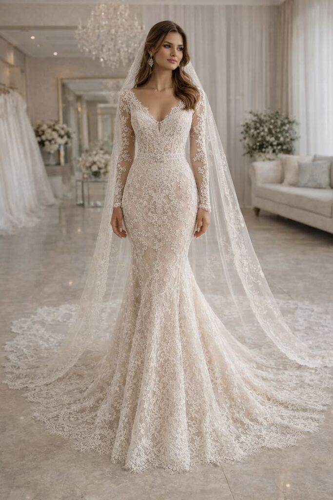 long-sleeve-lace-mermaid-wedding-gown-with-v-neckline-and-cathedral-veil