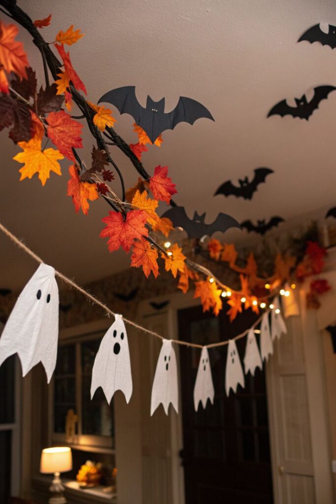 white-ghost-garland-hanging-below-autumn-leaf-and-black-bat-decorations-Halloween-garlands-ideas