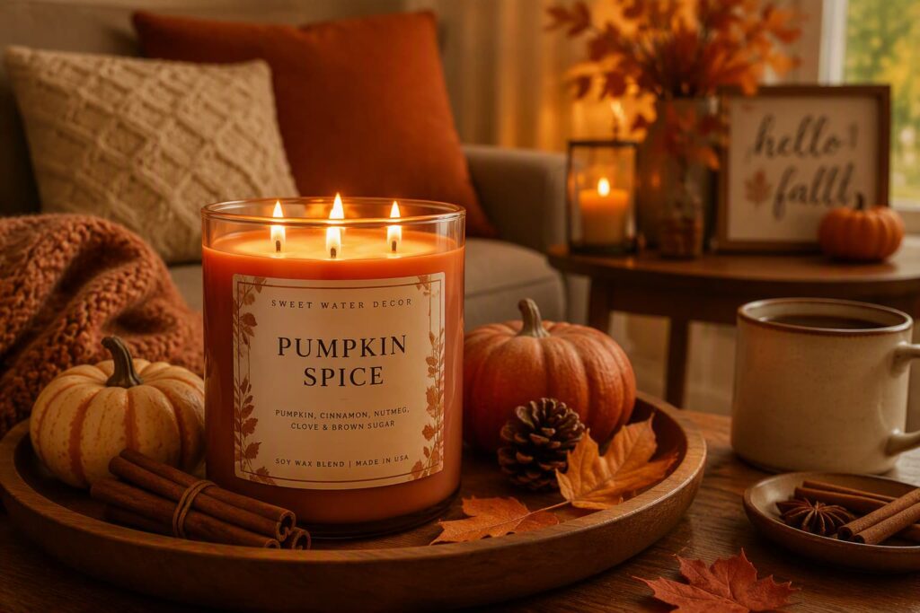 three-wick-pumpkin-spice-scented-candle-on-a-wooden-tray-surrounded-by-mini-pumpkins-cinnamon-sticks-and-fall-leaves