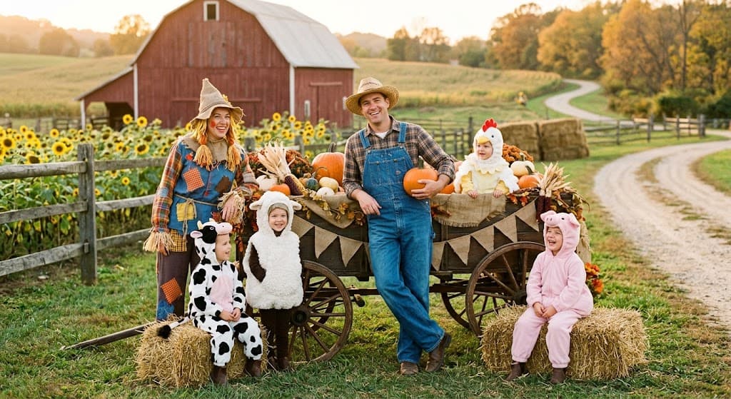 family-farm-costume-photoshoot-with-farmer-scarecrow-cow-sheep-chicken-and-pig-around-pumpkin-wagon