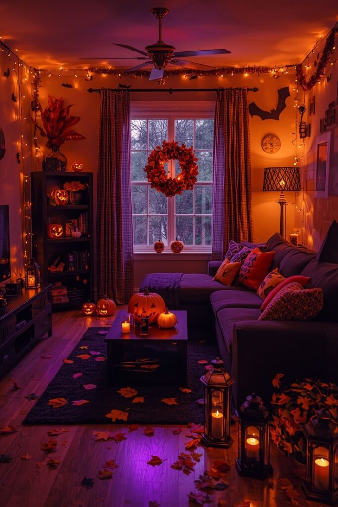 cozy-living-room-decorated-for-halloween-with-glowing-jack-o-lanterns-and-warm-fairy-lights-for-indoor-Halloween-decor-ideas