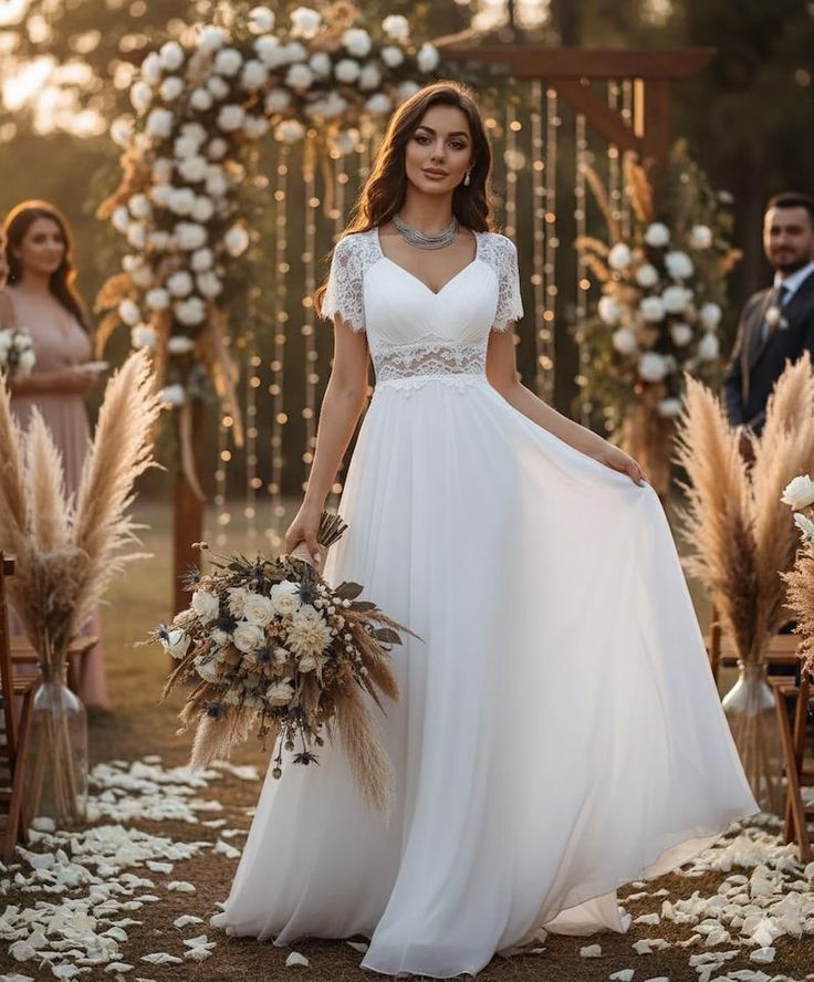 boho-short-sleeve-lace-waistband-a-line-wedding-dress-with-flowy-chiffon-skirt