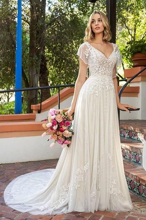 v-neck-boho-lace-a-line-wedding-dress-with-flutter-sleeves