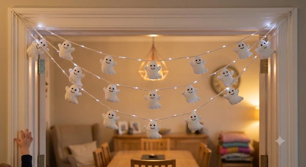 three-tiered-garland-of-cute-white-felt-ghosts-and-fairy-lights-strung-across-an-interior-doorway