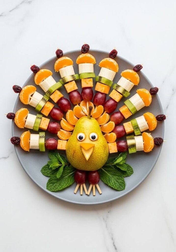 fruit-turkey-platter-made-with-pear-body-and-skewer-feathers-of-mandarin-kiwi-and-grapes