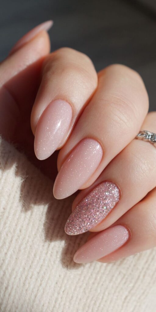 shimmer-pink-almond-nails-with-full-pink-glitter-accent-nail-for-wedding-nails-for-brides 