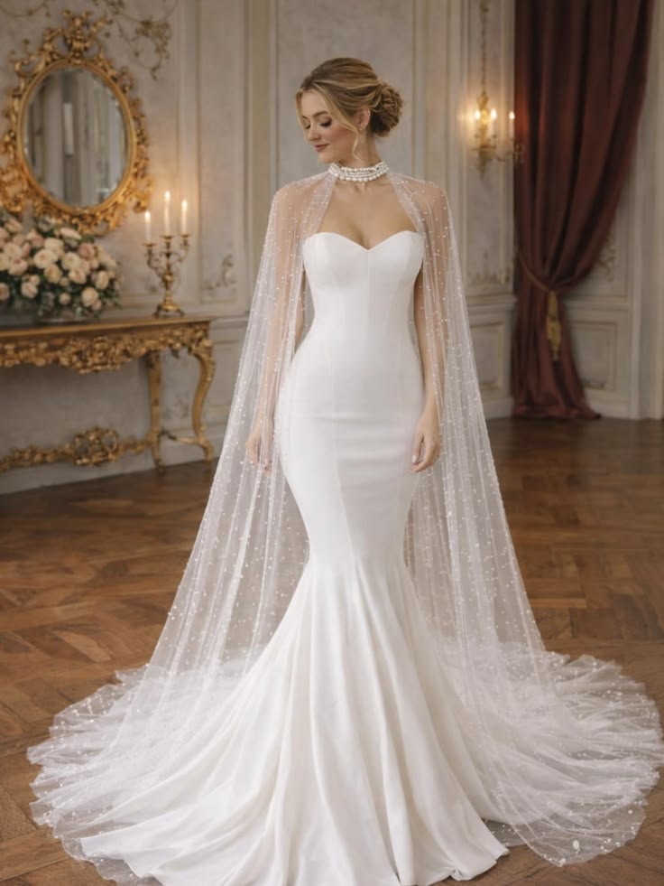 strapless-crepe-mermaid-wedding-dress-with-sheer-beaded-pearl-cape