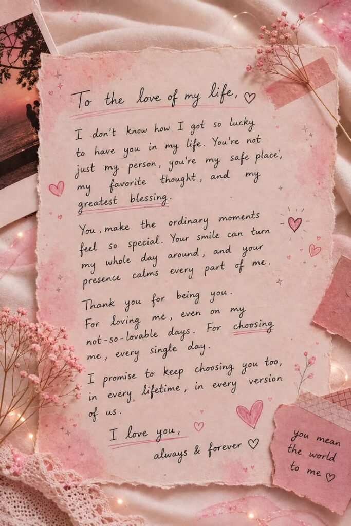 A-handwritten-love-letter-on-pink-paper-with-hearts,-dried-flowers,-and-lace,-starting-"To-the-love-of-my-life