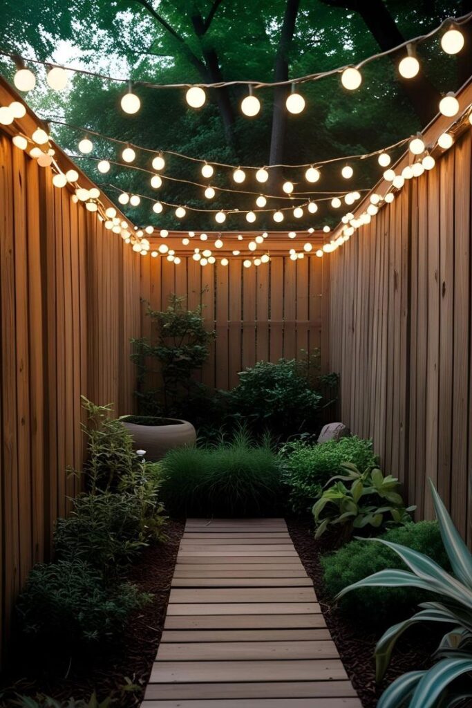 narrow-backyard-garden-pathway-with-glowing-overhead-festoon-string-lights-and-wooden-fences