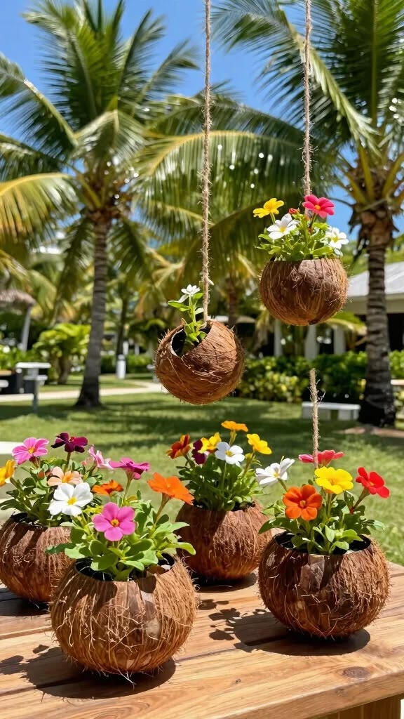 diy-hanging-coconut-shell-planters-filled-with-colorful-blooming-flowers-for-eco-friendly-outdoor-decor