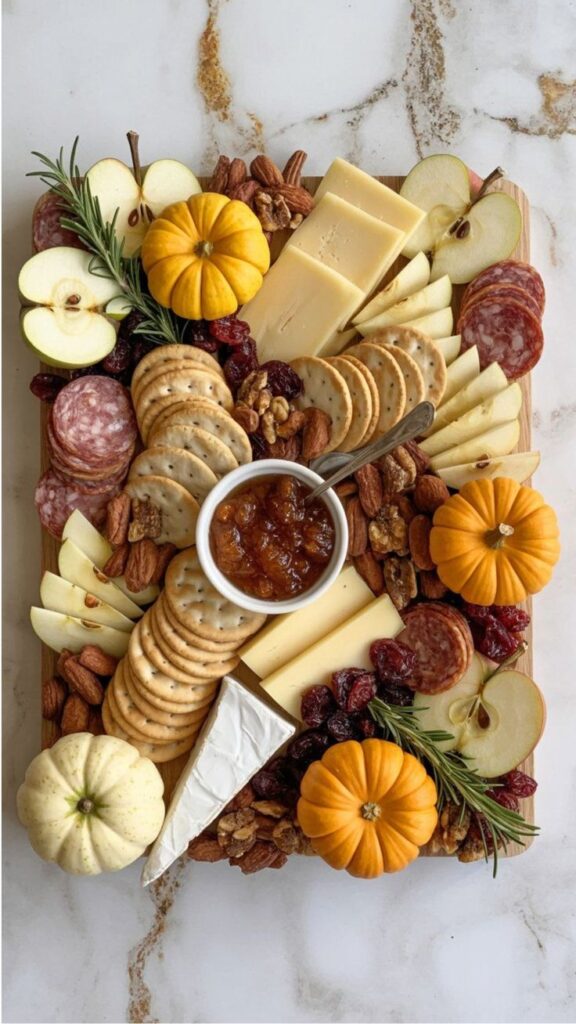 fall-harvest-charcuterie-board-with-mini-pumpkins-sliced-apples-crackers-and-fig-jam