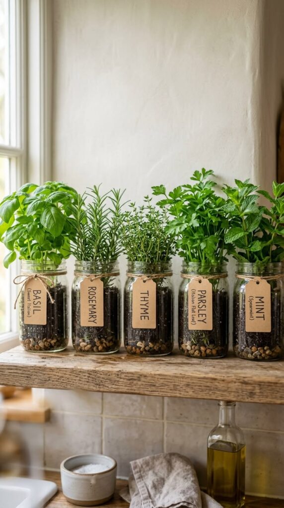 indoor-jar-herb-garden-with-basil-rosemary-thyme-parsley-and-mint-on-a-window-ledge