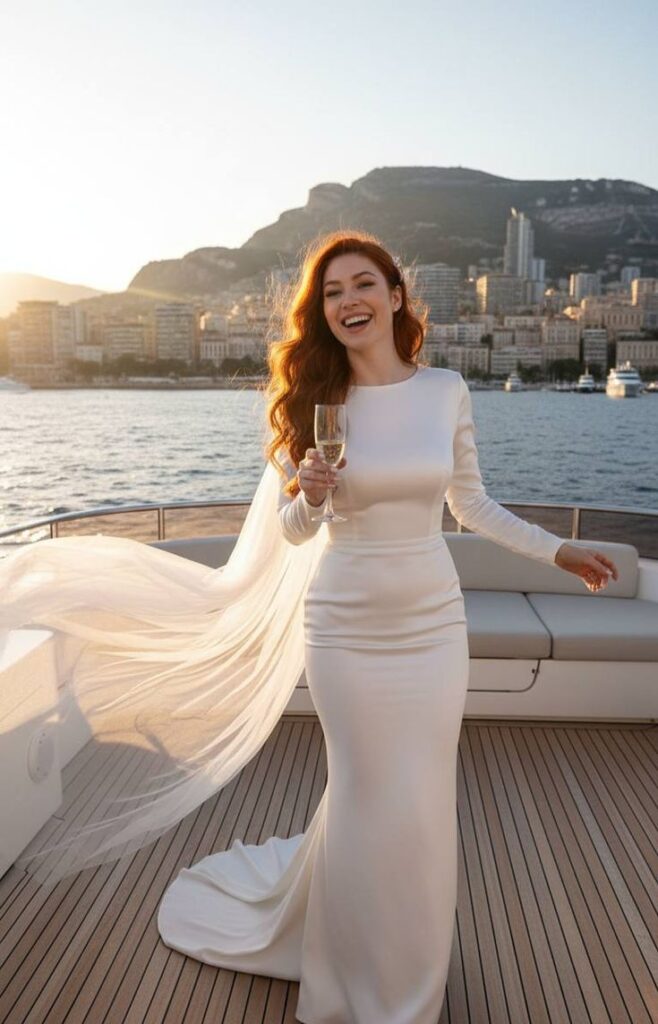 high-neck-long-sleeve-minimalist-crepe-wedding-dress-with-flowing-veil