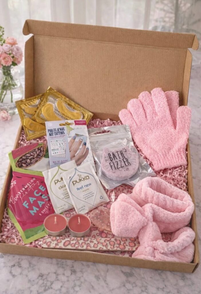 An-open-cardboard-care-package-box-filled-with-pink-paper-shreds,-face-masks,-bath-fizzers,-and-scrub-gloves.