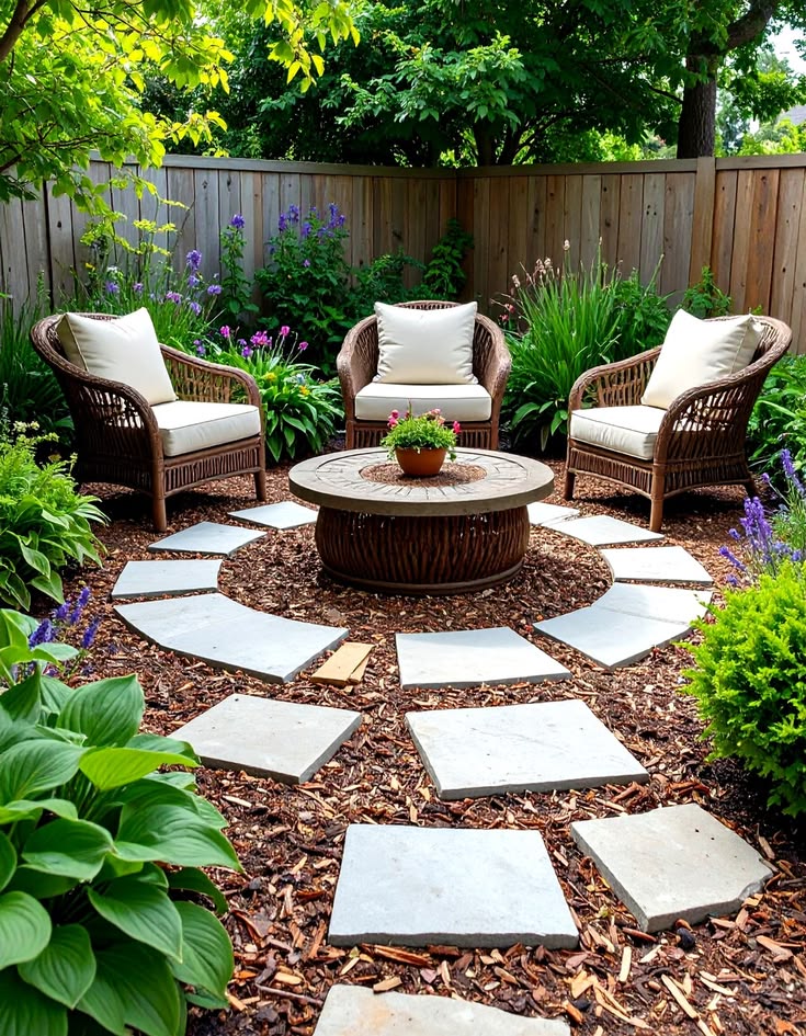 flat-square-pavers-arranged-in-a-circle-over-dark-wood-chip-mulch-with-wicker-patio-chairs
