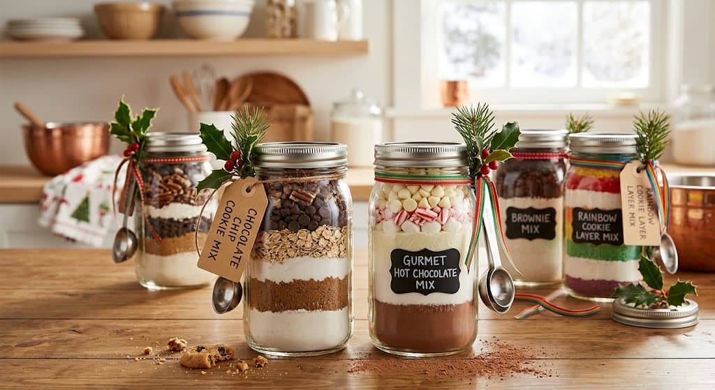 layered-diy-baking-mix-and-hot-chocolate-in-jars-with-holiday-ribbons