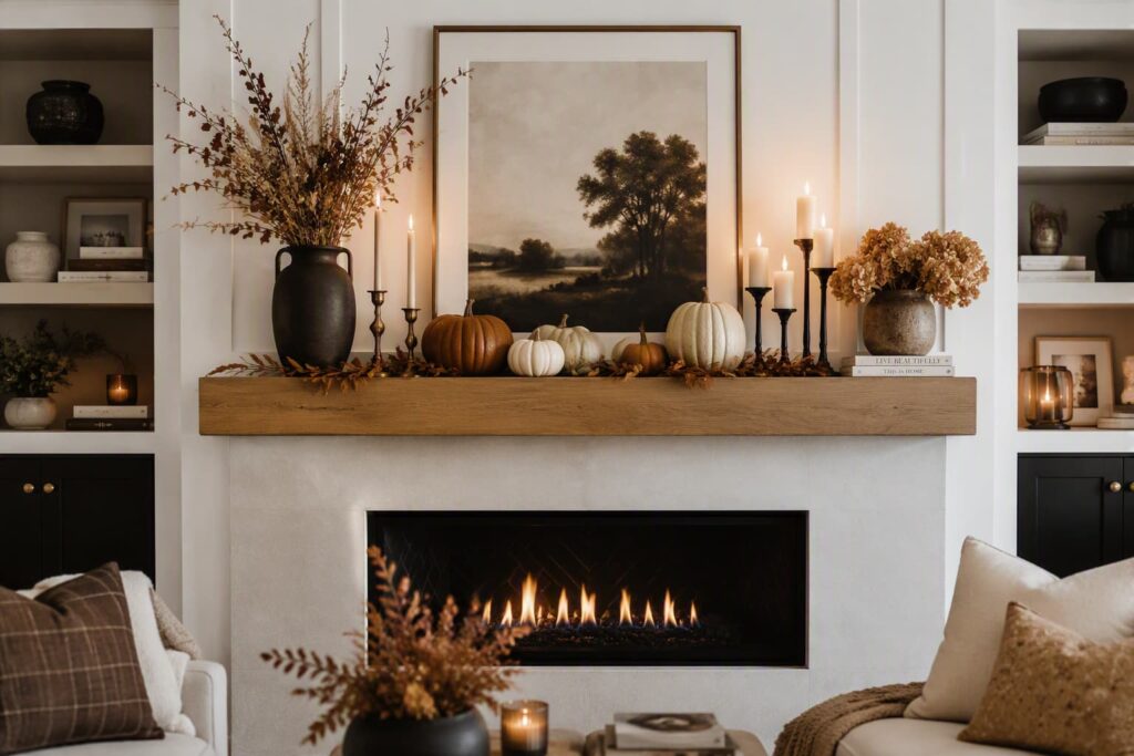 neutral-fall-fireplace-mantel-decorated-with-white-and-orange-pumpkins-dried-foliage-and-brass-candlesticks-for-indoor-Halloween-decor-ideas