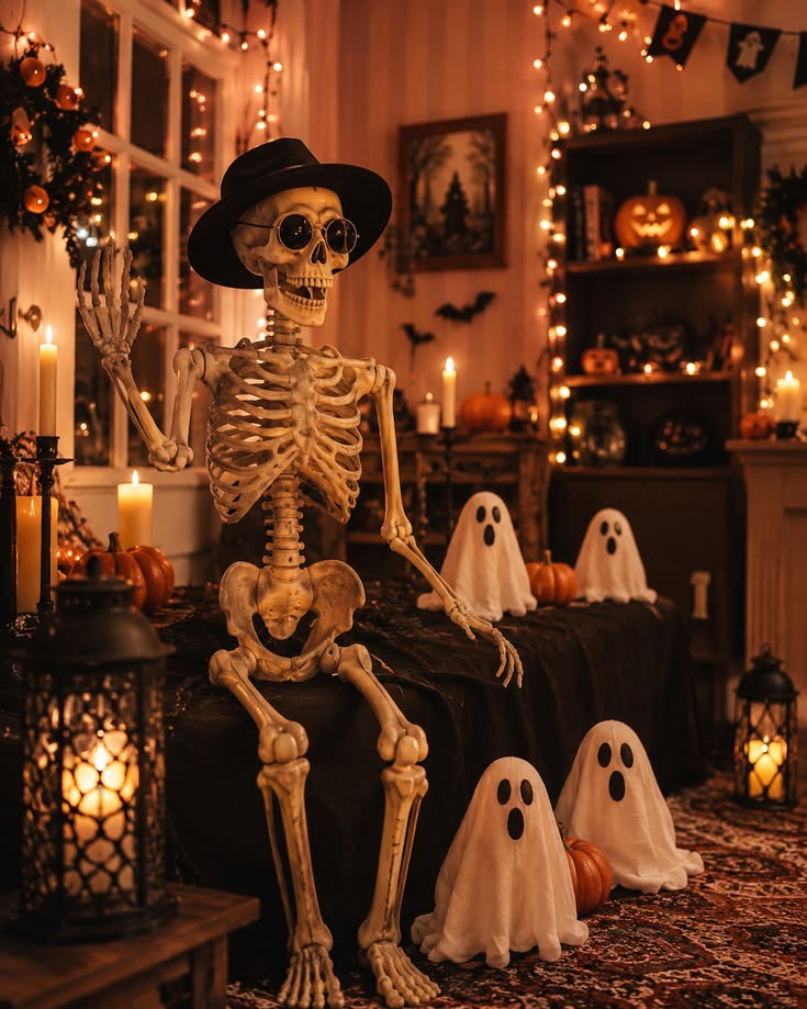 poseable-life-size-skeleton-wearing-a-fedora-and-sunglasses-seated-next-to-miniature-ghost-figures-and-ambient-string-lights