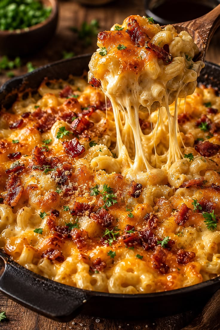 baked-loaded-bacon-macaroni-and-cheese-casserole-with-melted-cheese-pull