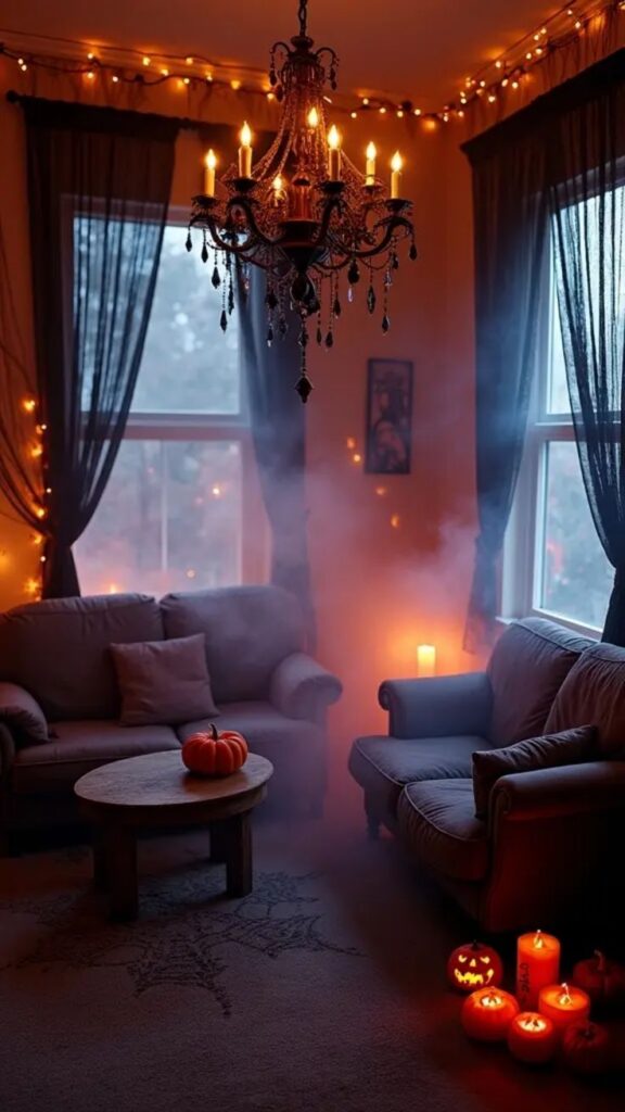moody-spooky-living-room-with-low-lying-fog-warm-chandelier-lighting-and-glowing-jack-o-lanterns