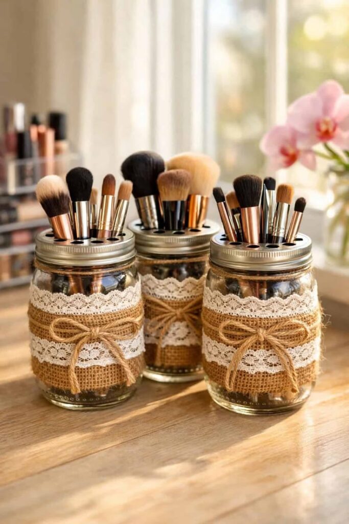 jar-makeup-brush-holders-wrapped-in-burlap-and-lace-ribbon