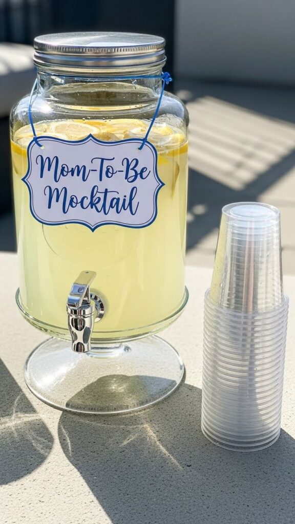 glass-drink-dispenser-with-mom-to-be-mocktail-sign-and-lemonade