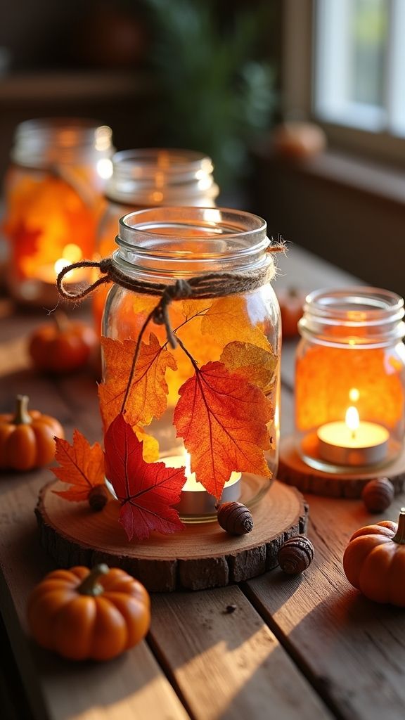 mason-jar-candle-holder-decorated-with-autumn-leaves-twine-and-flames-on-a-wooden-slice