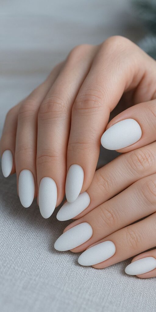 solid-matte-white-almond-manicure-with-soft-velvet-finish