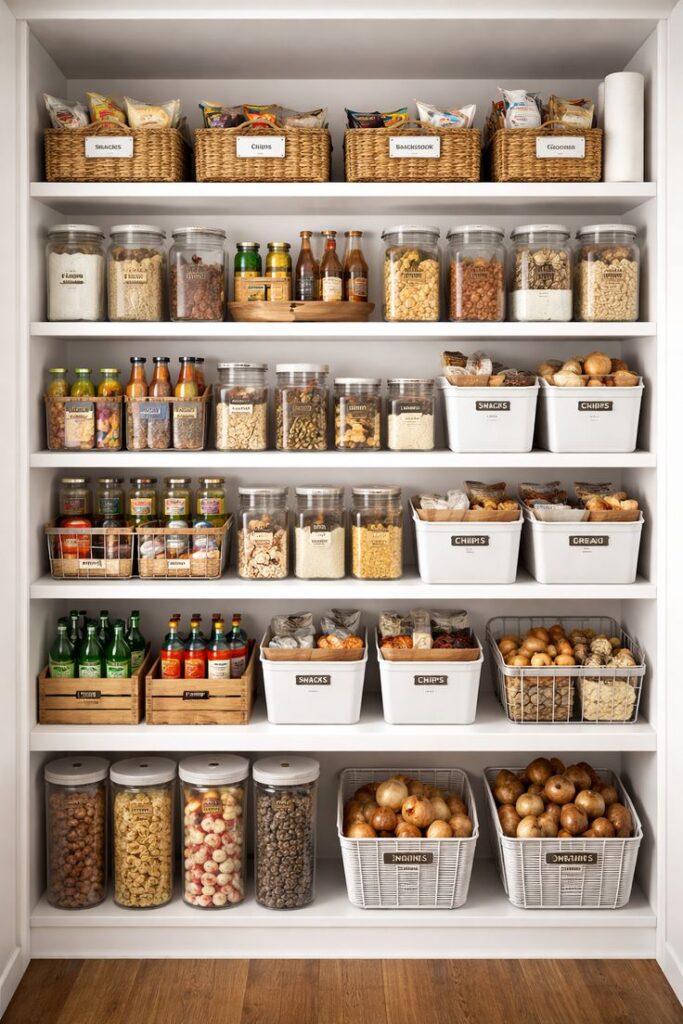 pantry-organization-ideas-functional-layout-labeled-sections-snacks-baking-items