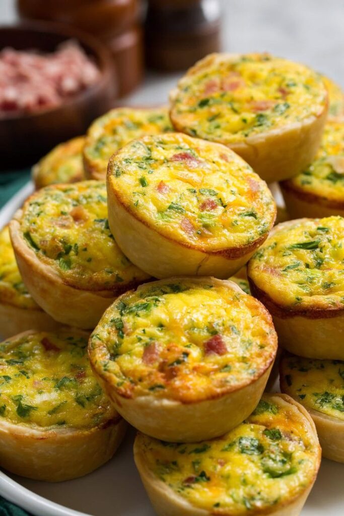baked-mini-quiches-stacked-on-a-serving-plate-for-party-appetizer -Baby-Shower-Food-Ideas