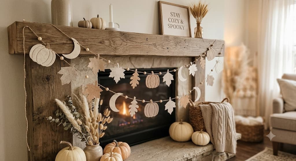 minimalist-neutral-felt-garland-with-pumpkins-moons-and-leaves-on-fireplace-mantel
