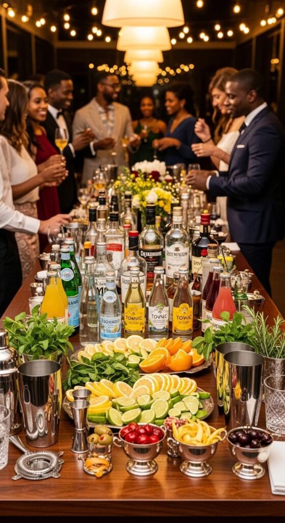 A-well-stocked-cocktail-and-mocktail-bar-setup-with-fresh-citrus,-herbs,-mixers,-and-guests-socializing-in-the-background.