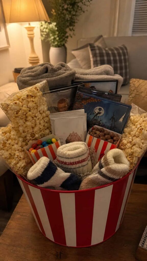 A-red-and-white-striped-bucket-gift-basket-for-movie-night,-filled-with-popcorn-bags,-candy,-DVDs,-blankets,-and-socks.