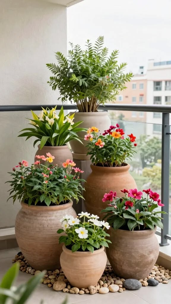 staggered-terracotta-pots-arranged-at-different-heights-on-a-balcony