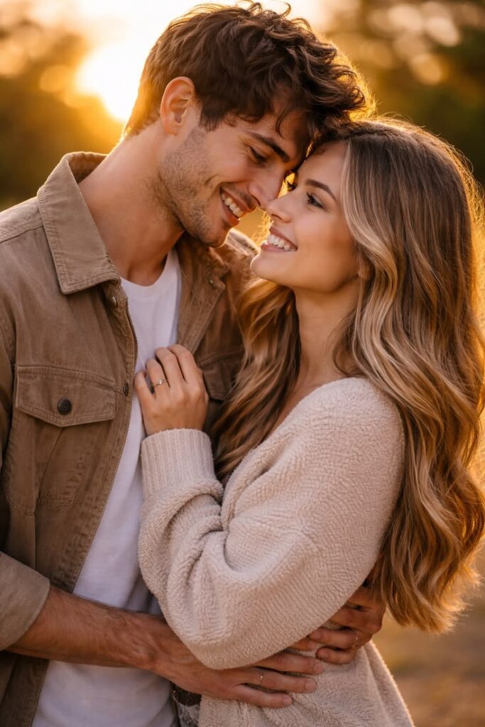 lose-up-of-smiling-couple-touching-noses-in-golden-hour-light