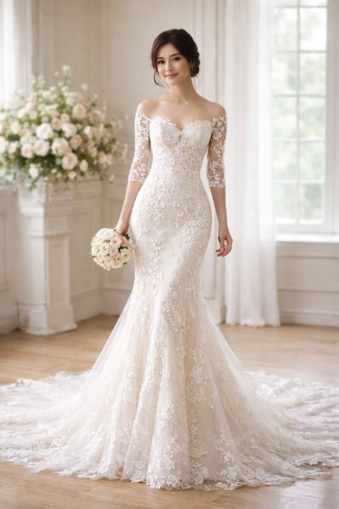 off-the-shoulder-floral-lace-mermaid-wedding-gown-with-three-quarter-sleeves