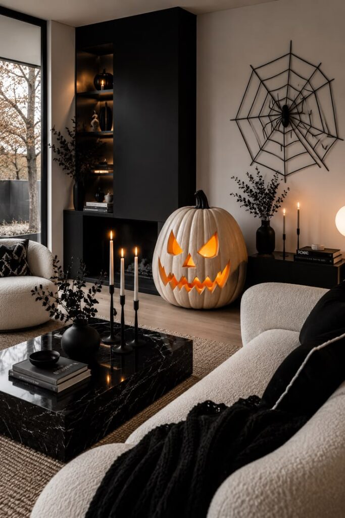 modern-living-room-featuring-a-giant-glowing-carved-white-pumpkin-and-a-large-black-metal-spiderweb-wall-art-for-indoor-Halloween-decor-ideas