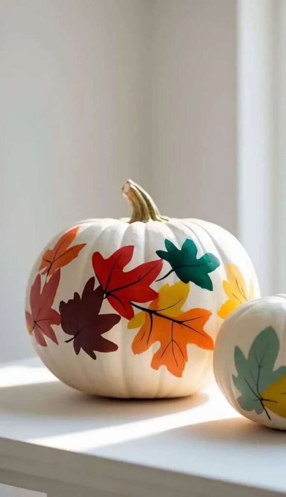 white-craft-pumpkins-decorated-with-painted-colorful-fall-leaves
