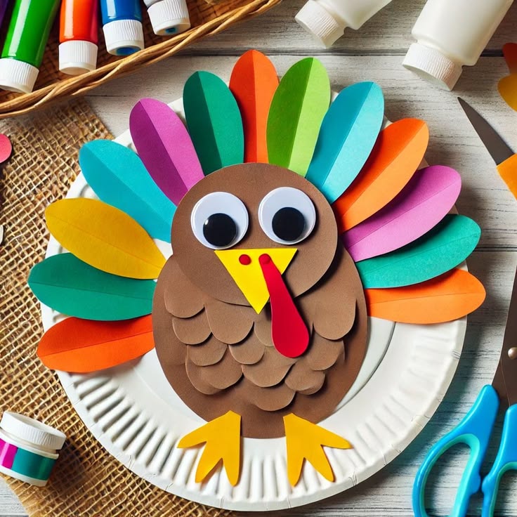 paper-plate-turkey-craft-with-colorful-construction-paper-feathers-and-googly-eyes-for-thanksgiving-crafts-ideas