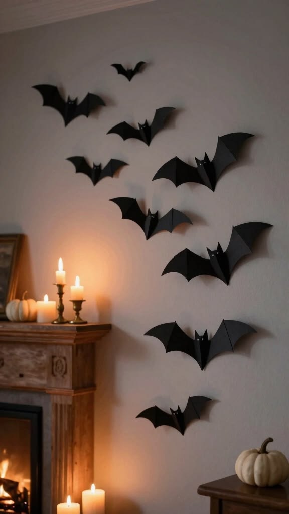 flock-of-black-3D-paper-bats-flying-up-a-wall-above-a-wooden-fireplace-mantel
