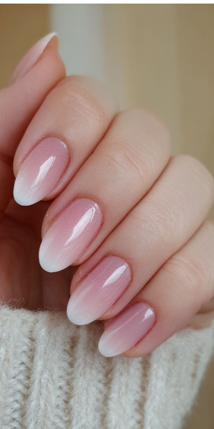shimmer-french-fade-almond-nails-with-pink-to-white-ombre-gradient