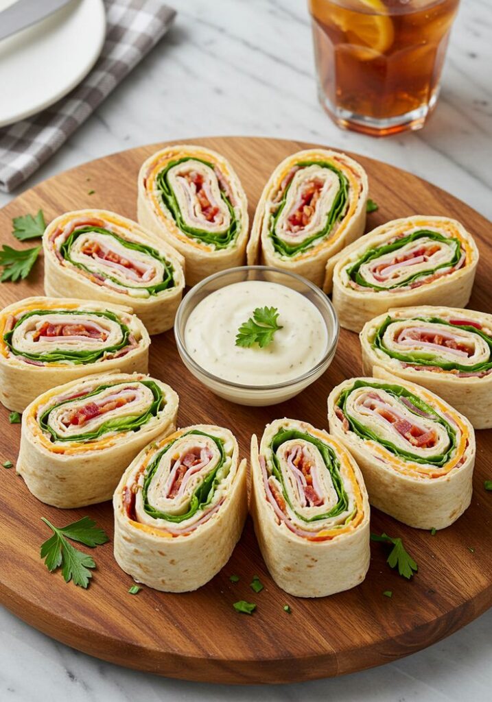 turkey-and-cheese-pinwheel-sandwiches-arranged-on-a-wooden-board-Baby-Shower-Food-Ideas