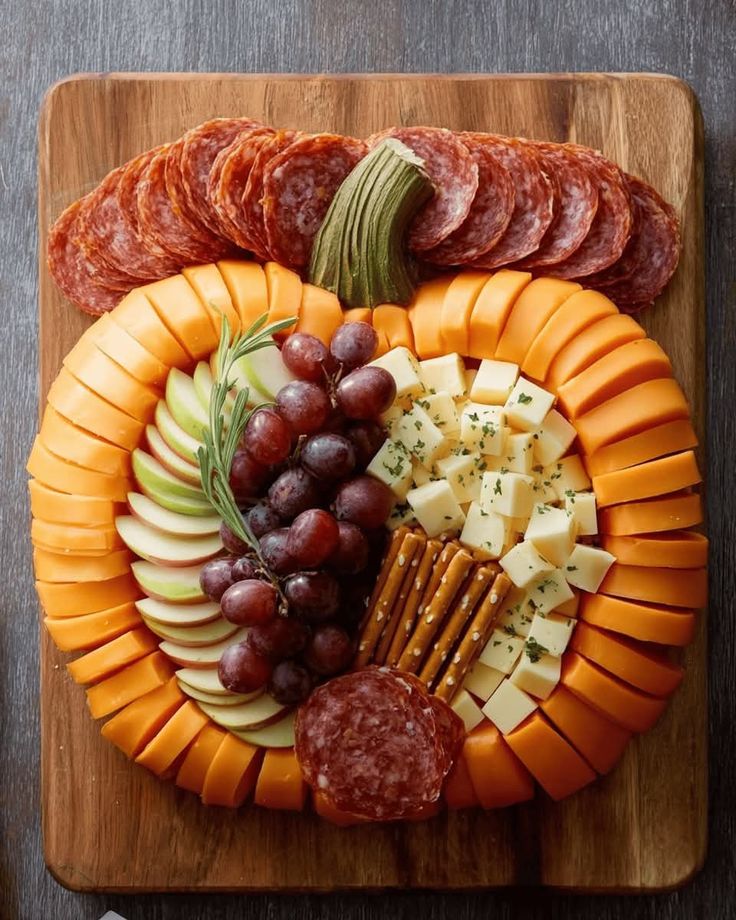 pumpkin-shaped-charcuterie-board-with-cheddar-slices-salami-grapes-and-apples