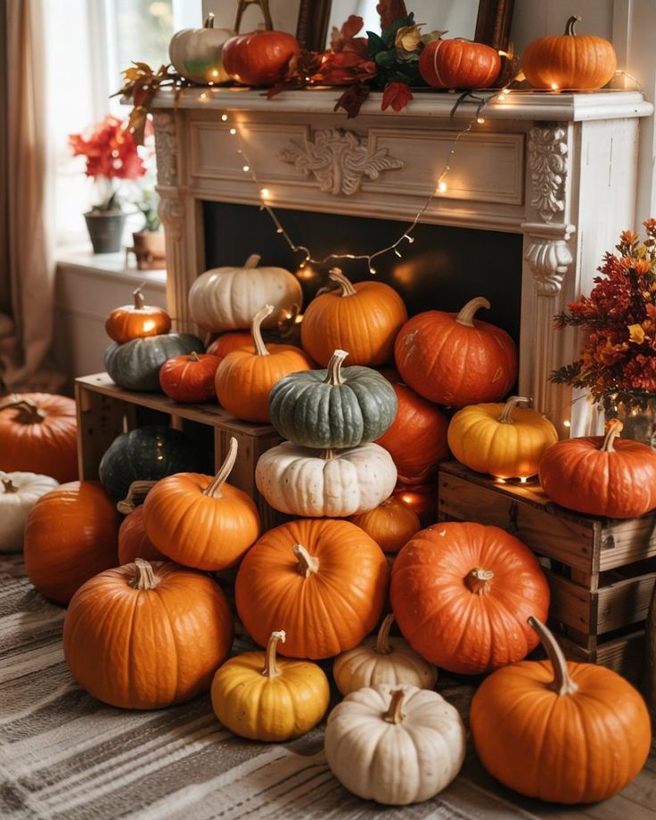large-cluster-of-orange-white-and-green-pumpkins-stacked-around-a-fireplace-mantel-with-warm-fairy-lights