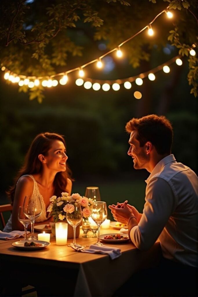 romantic-couple-having-candlelight-dinner-outdoors-under-string-lights-for-engagement-photo-ideas